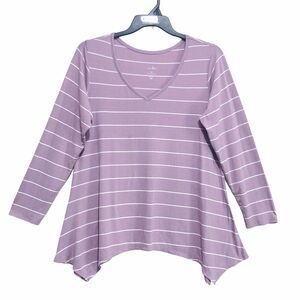 Just Be T-Shirt Top Women’s Size 1X Purple White Striped V-Neck Long Sleeve